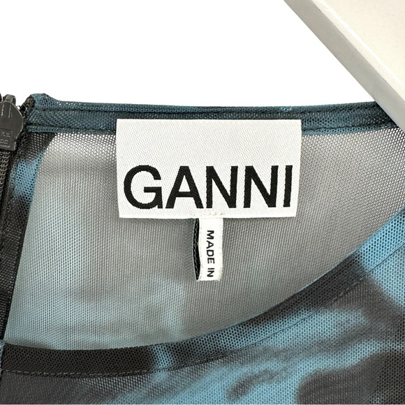 GANNI Printed Ruched Mesh Blue & Black Lined Fitted Long Sleeve Maxi Dress sz 36 - Picture 10 of 13